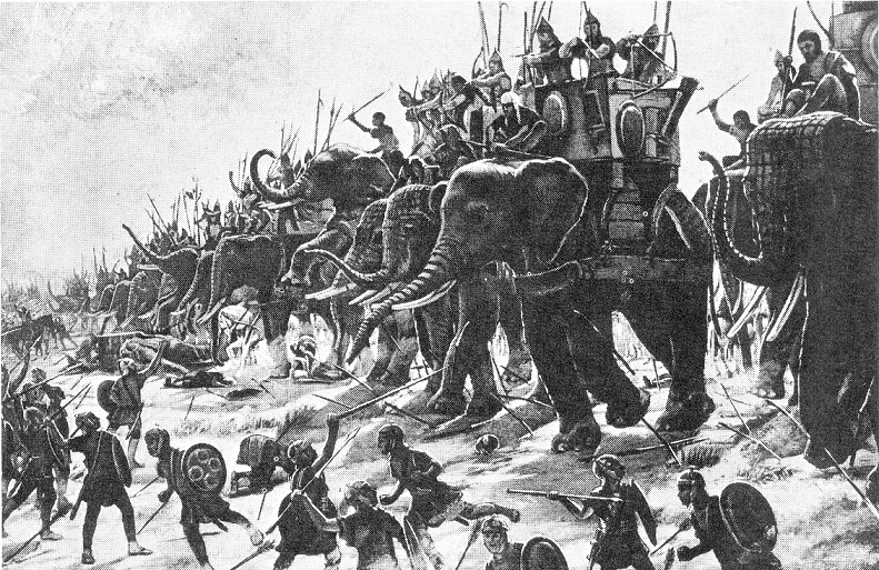Gli elefanti da guerra caertaginesi caricano la fenteria romana